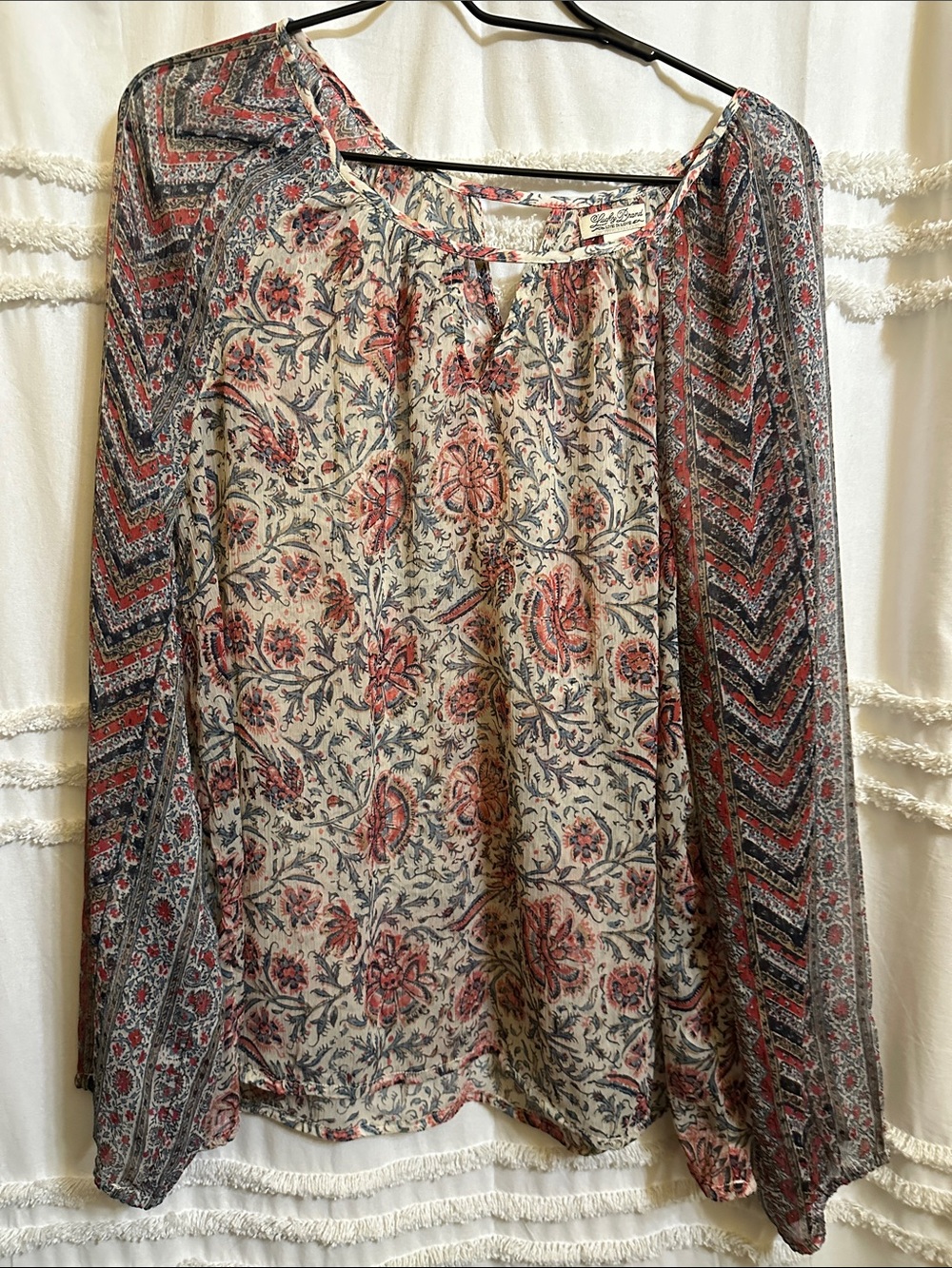 Lucky Brand Floral Sheer long sleeve blouse in cream, Red & Blue- xl